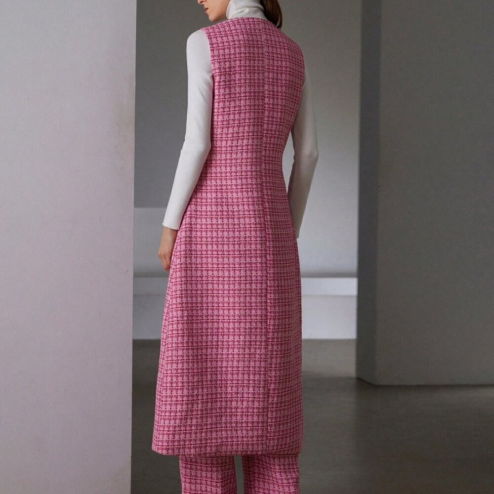 Pink Elegant Women's Tweed Long Sleeveless Cinched Waist Jacket & Pants Set - Picture 2 of 6